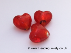 P-H-06 - Handmade Glass Foil Hearts - Ruby Red 30mm